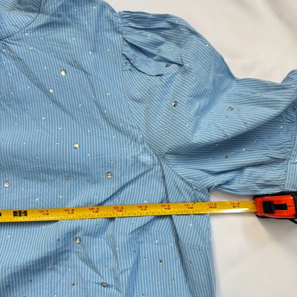 NWT Loft Blue White Striped Short Puff Sleeve Blouse Glitter Dots Cottagecore - Picture 11 of 15